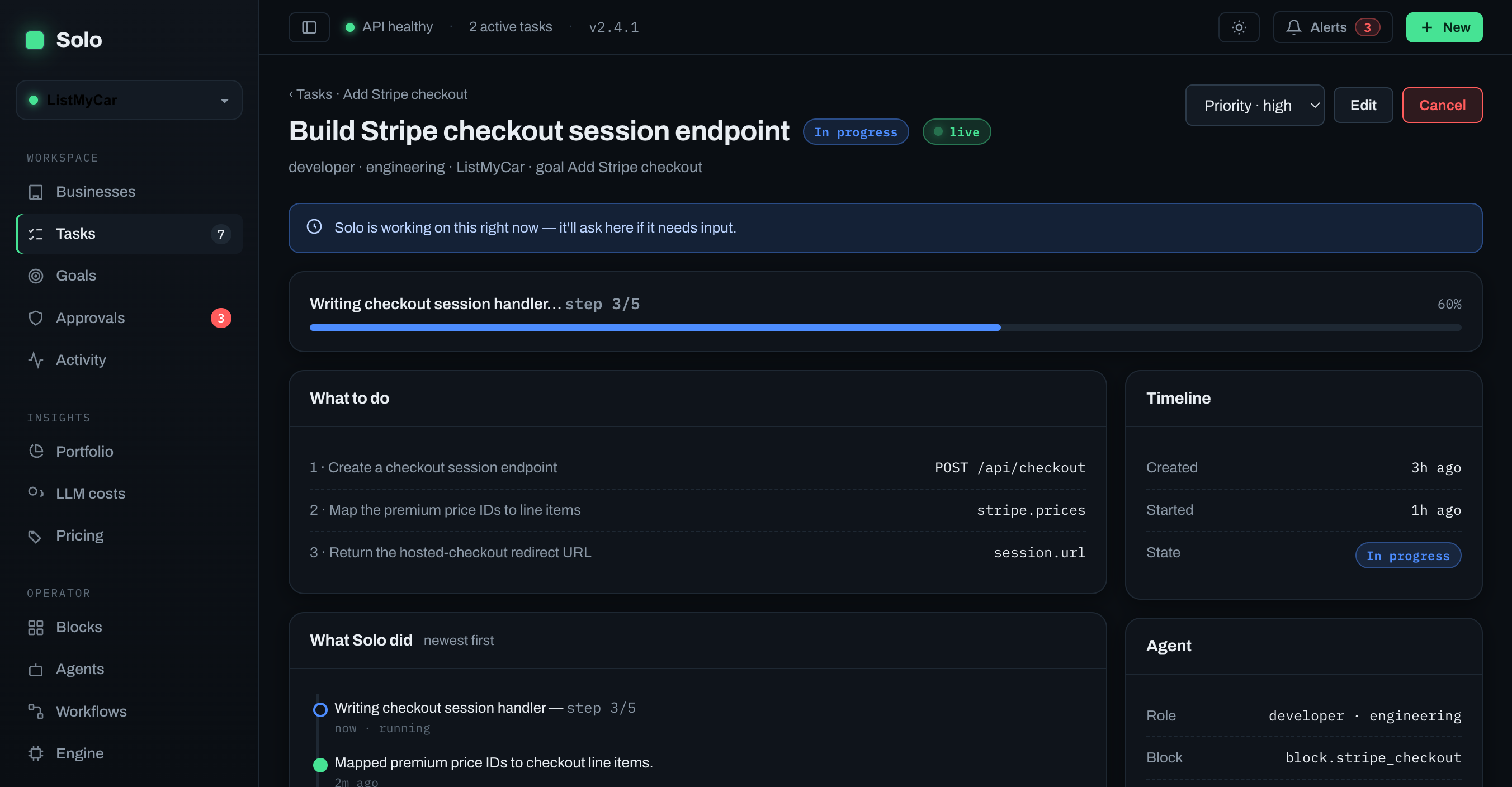 Task — builds, verifies with evidence, gates the risky calls